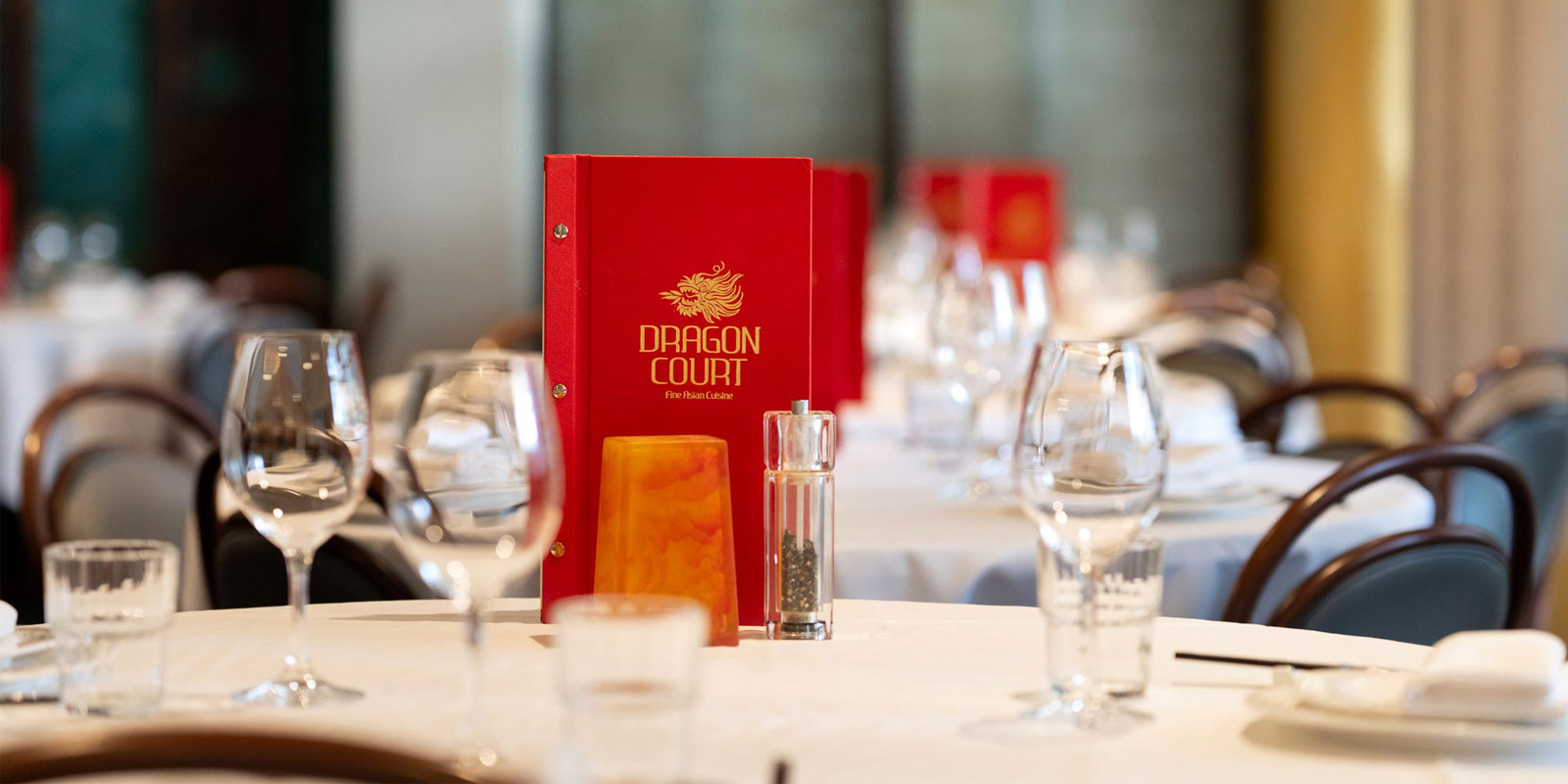 Dining Room shot with menu at Dragon Court Restaurant